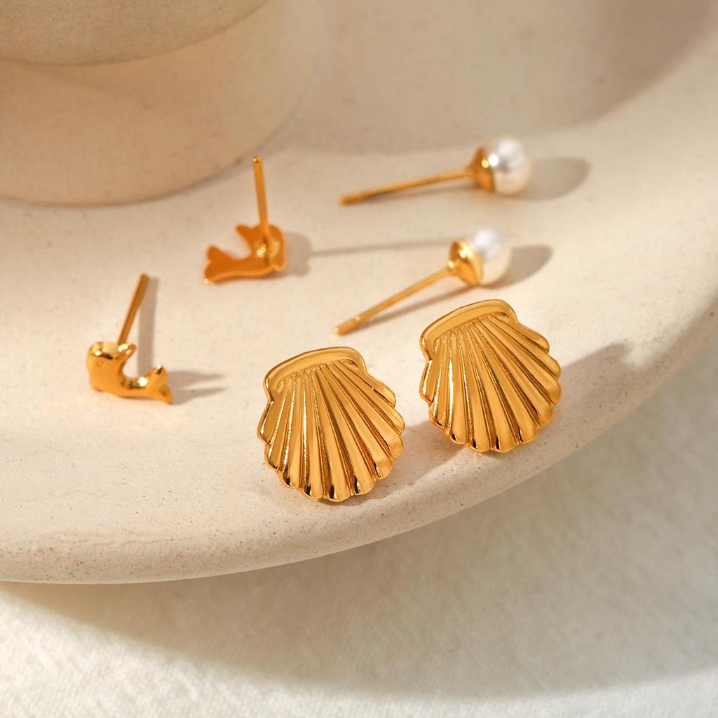 Luxury Set: Stainless Steel Pearl Stud, Dolphin Shell, Titanium Steel Earrings