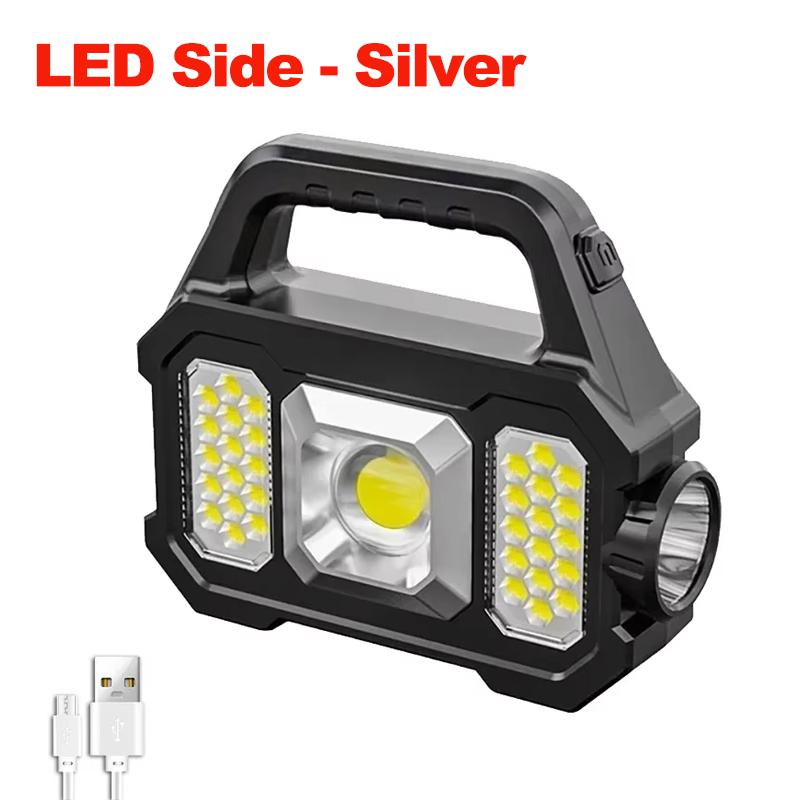 Solar Rechargeable Flashlight Portable Work Light 5 Modes Power Bank COB LED Side Light Emergency Lamp Outdoor Camping Repair