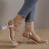 Women's Flower Rhinestone Block Heel Sandals, Fashion Square Open Toe Elastic Strap Slip On High Heels, Versatile Sandals