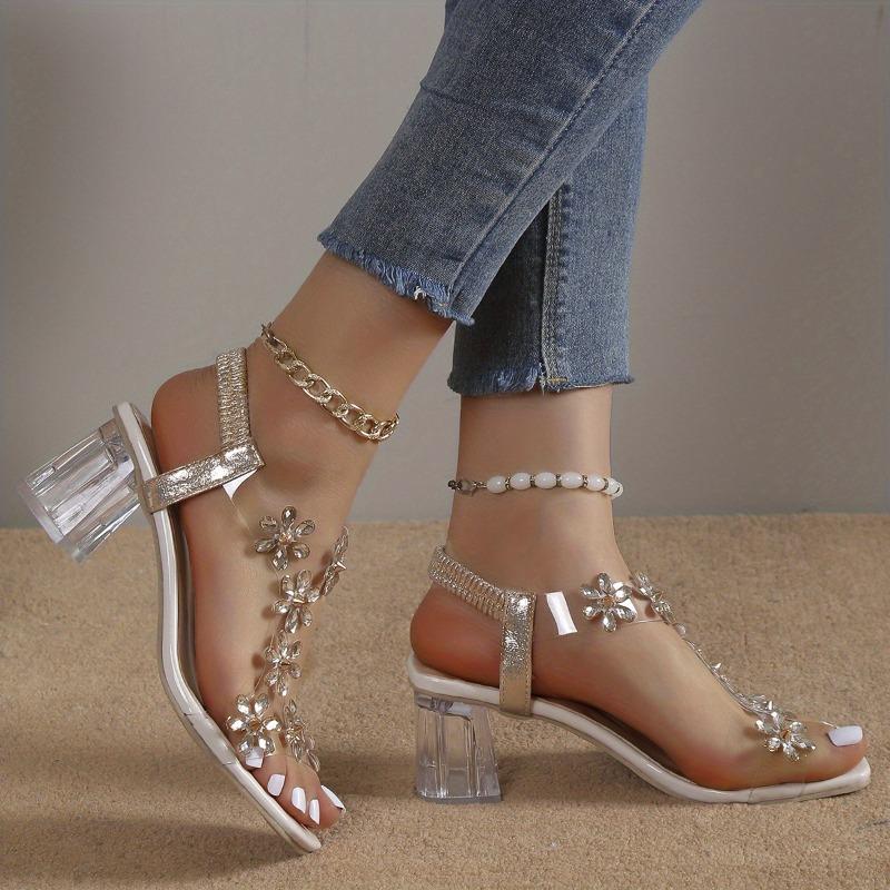 Women's Flower Rhinestone Block Heel Sandals, Fashion Square Open Toe Elastic Strap Slip On High Heels, Versatile Sandals