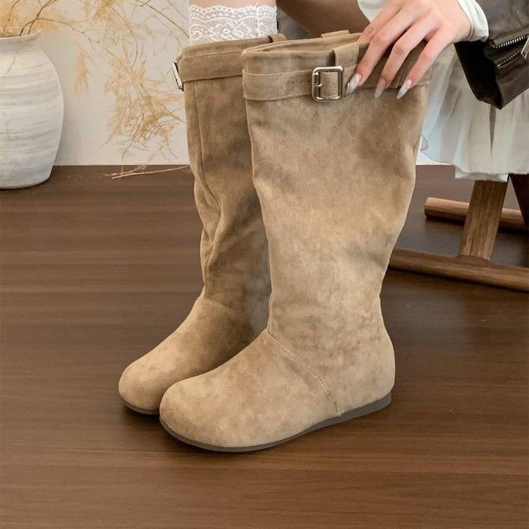 Locomotive round head pile new rad thick-soled boots high tube inner height increase beauty thick-soled thin boots female no