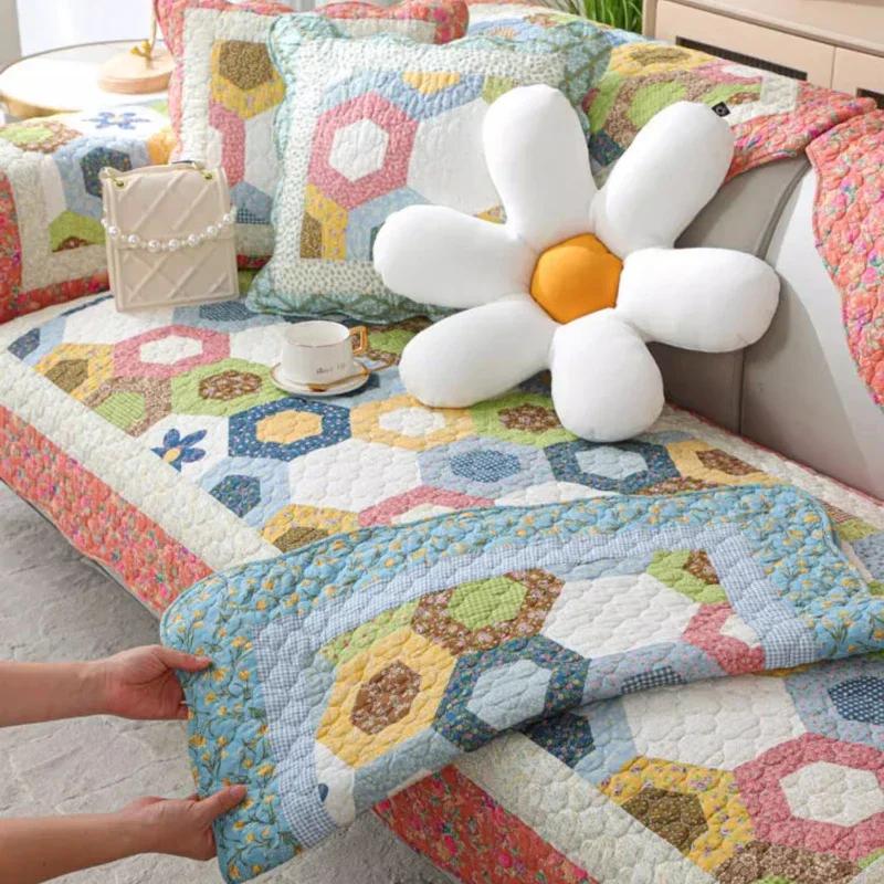 Fresh Countryside Style Couch Mat Cotton Four Seasons Anti Slip Dustproof Cushion Quilted Full Coverage Sofa Cover Cloth Towel
