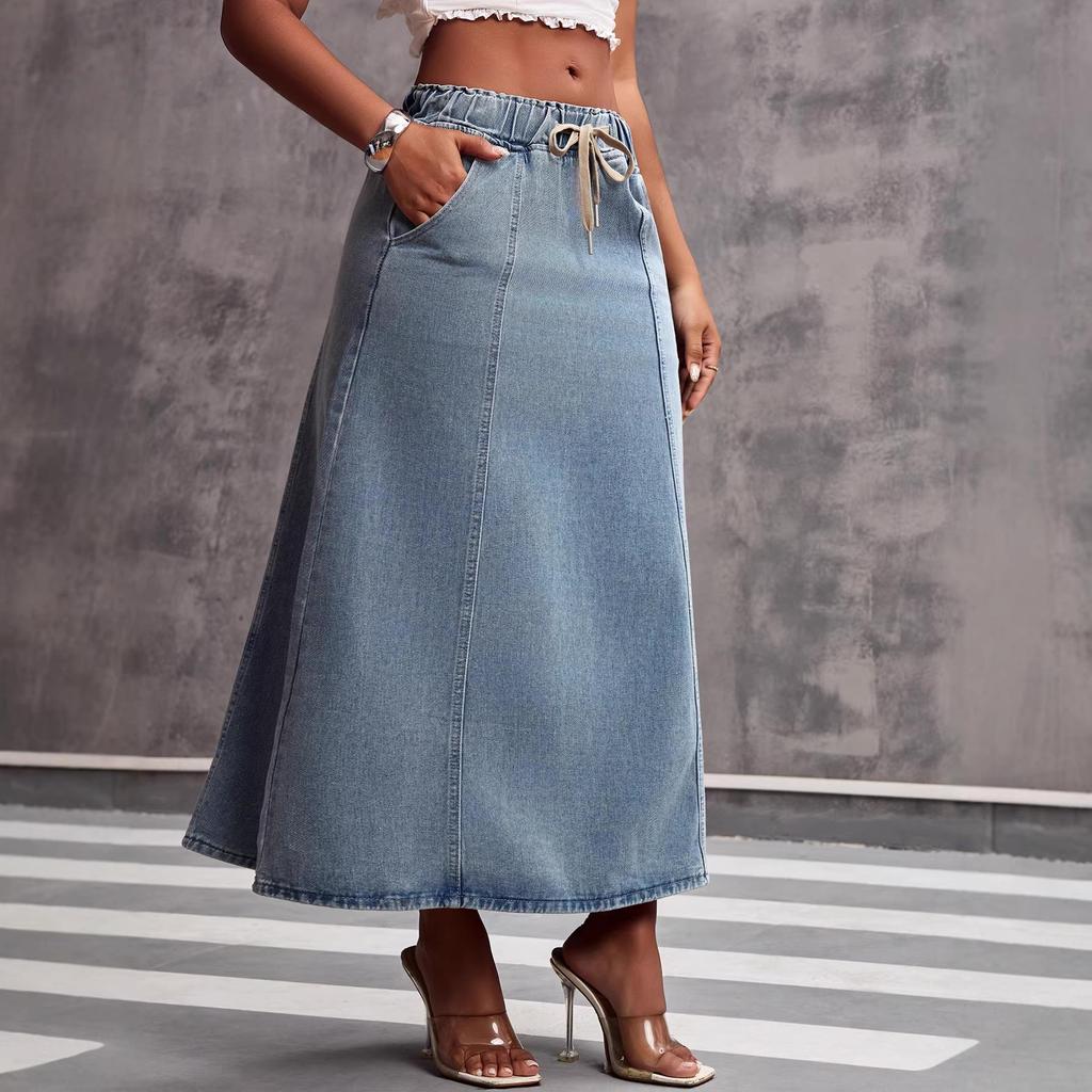 Retro European-American Women's Washed Denim Summer Skirt with Drawstring Waist