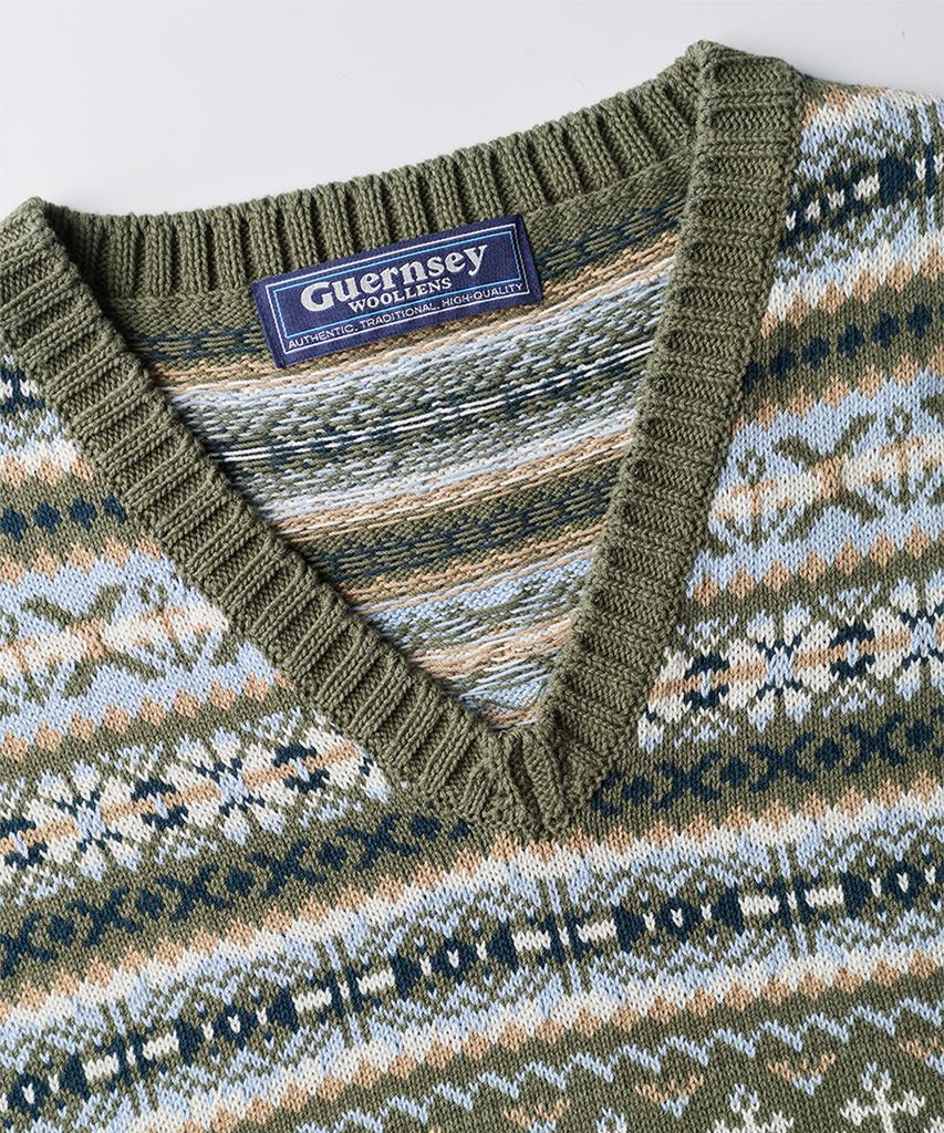 Geonjiulleunseu Grand Roque Fair Isle Cotton V-Neck Vest - Olive