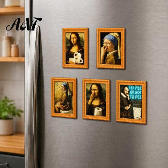 Modern Office Storage Decor Funny Small Wooden Fridge Magnet Picture Frame, Vintage Oil Painting Pattern Retro Style Frames Magnetic Refrigerator