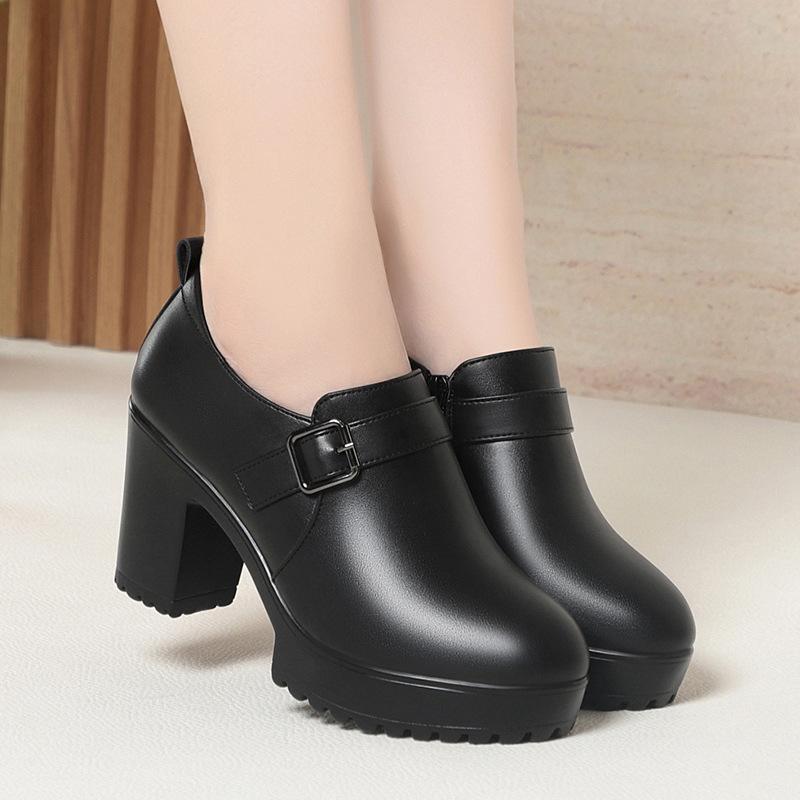 6cm 8cm Fashion Breathable Comfortable Soft Leather Shoes Woman Block Heels  Fall Thick Platform Shoes for Office Work Mom