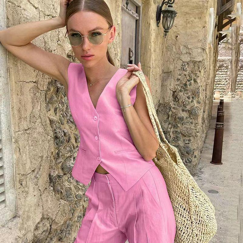 

Fashion New Arrival Summer Casual Stylish Sleeveless Vest Pants Suit Tank Top Long Pants Set Pink S