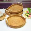 Dinner Serving Tray Breakfast Bread Food Plate Handwoven Rattan Storage Tray Round Shape Fruit Cake Wicker Basket With Handle