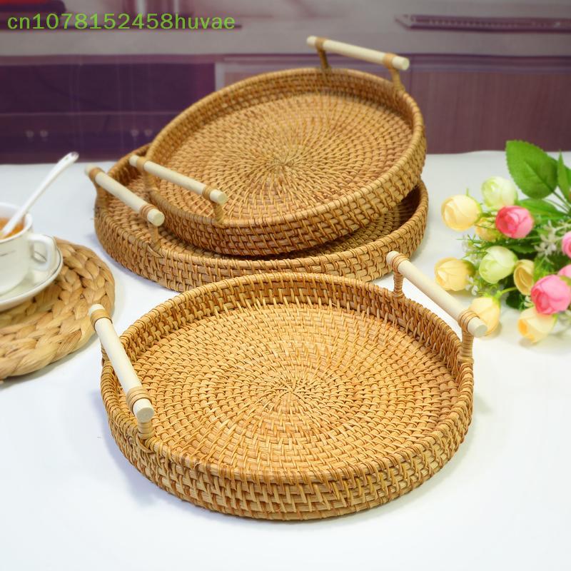 Dinner Serving Tray Breakfast Bread Food Plate Handwoven Rattan Storage Tray Round Shape Fruit Cake Wicker Basket With Handle