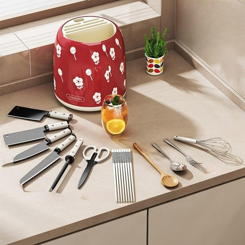 Rotating Kitchen Knife Holder  Countertop Organizer, Multi-Functional Utensil Rack rosso