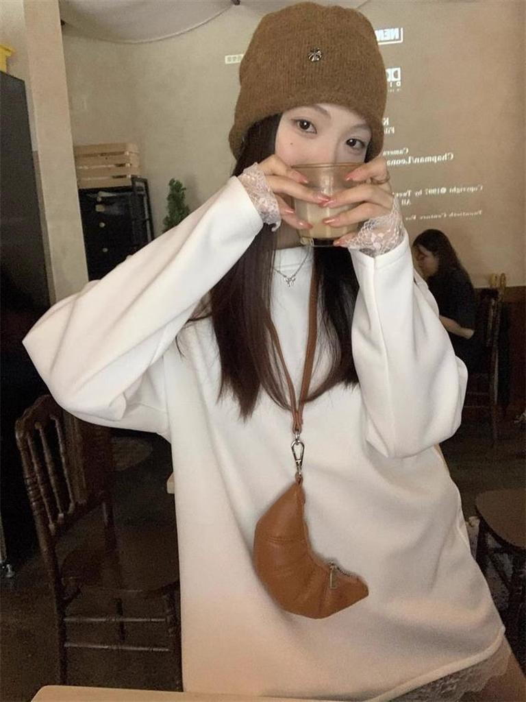 Women's Plus Size Lace Patchwork Long Sleeve Fleece Top for Spring, Autumn, Winter