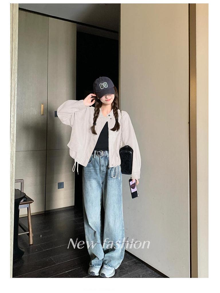 American Retro Casual PU Leather Drawstring Jacket - Autumn 2024, Small Size, Loose Fit, Age-Reducing Design