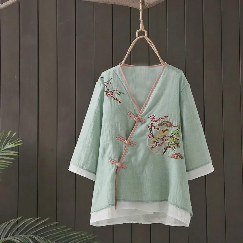 Embroidered V-Neck Chinese Style Buttoned Cardigan Dress – Women's Retro Five-Point Sleeve