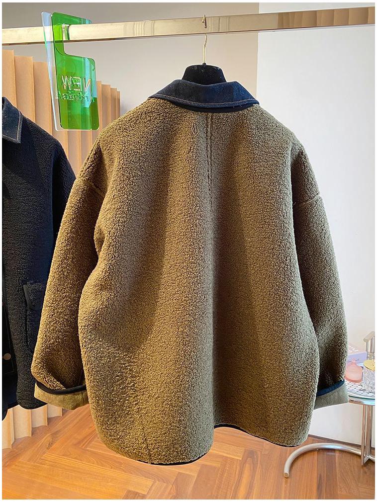 Women's Loose Fit Denim Patchwork Lambswool Jacket - Korean Style Autumn/Winter Plus Size Fur Top