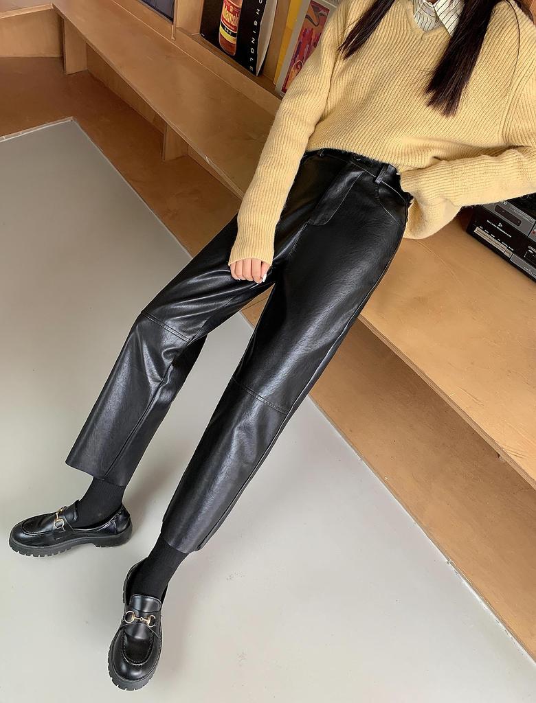 Syvent Length PU Leather Straight Elastic High Waterproof Faux Straight Casual Bottoms Women's 9/10 Pants, Waist, Leather, Leg,
