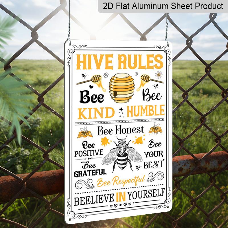 2D Flat Hive Rules Bee Kind Humble Vintage Bee Hive Metal Sign - 8.0x12.0inch Aluminum Wall Art, Farmhouse Bee Themed Home Kitchen Decor, Pre-Drilled