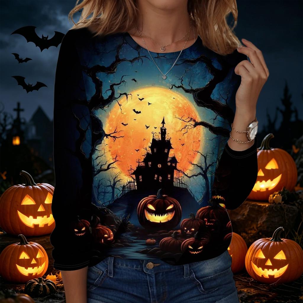Women's Halloween Graphic Pullover Sweatshirt Long Sleeve Crew Neck Casual Top Comfortable Fit Seasonal Printed Shirt