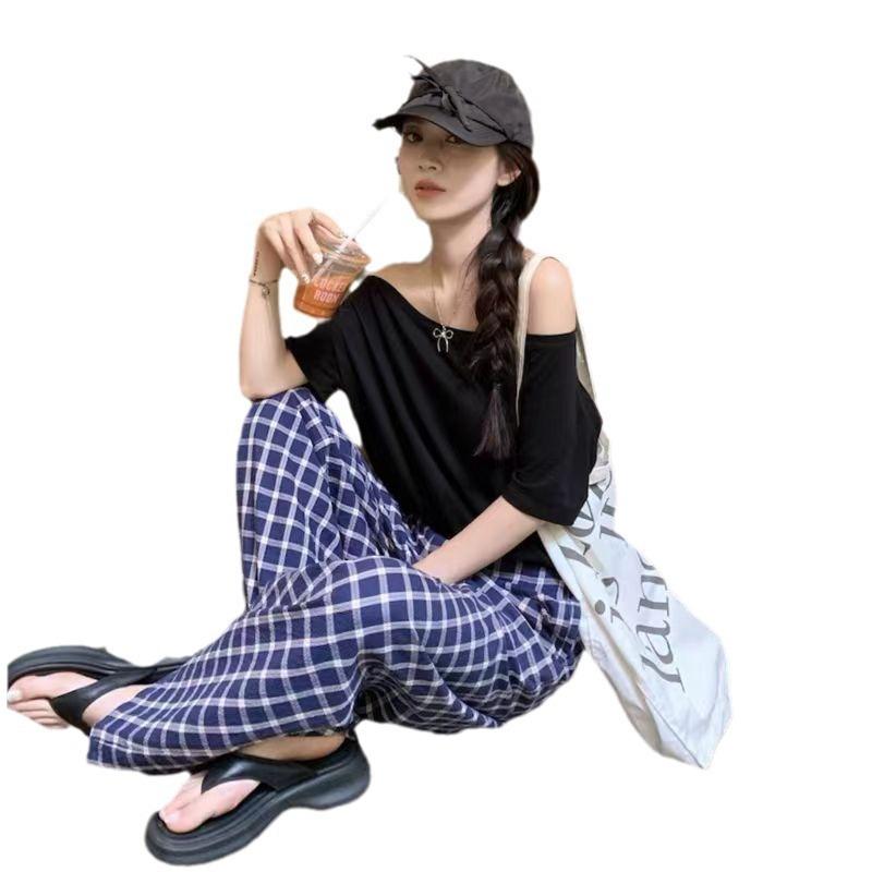 Blue Plaid Pants Women's Summer Thin High Waist Drape Retro Wide-leg Pants Thin Versatile Casual Loose Straight-leg Pants