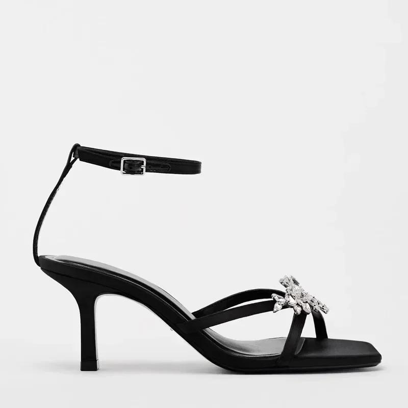 Fashion New Open Toe Ankle Strap Thin High Heels Women Summer Shiny Rhinestone Designer Heeled Sandals Elegant Banquet Wedding Shoes