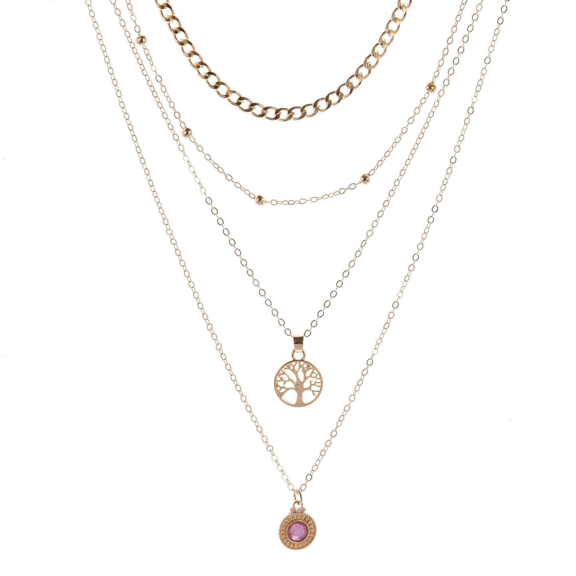 

European & American Fashion: Retro Tree of Life Pink Gem Diamond Pendant Four-Layer Necklace for Women