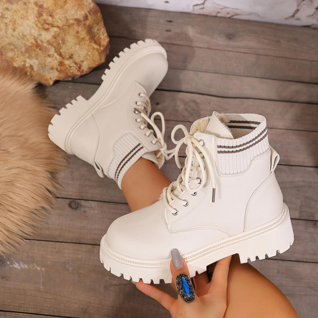 Women Boots Winter Warm Short Plush Ankle Boots Women Fashion Lace Up Platform Shoes For Woman Comfy Low Heels Leather Shoes