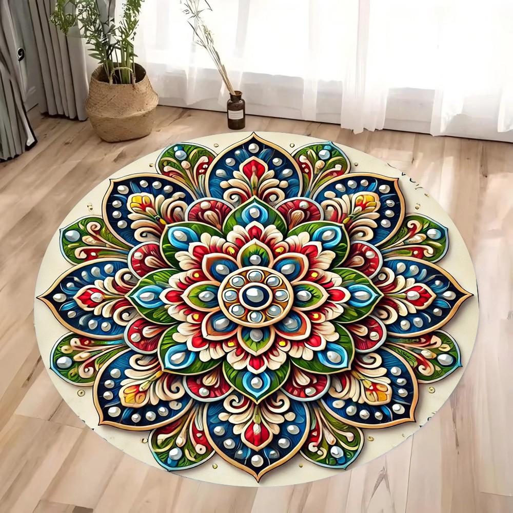 Colorful 3D Mandala Mystery Chakra Print Round Rug Meditation and Yoga Non-Slip Machine Washablefor Bedroom and Living Room