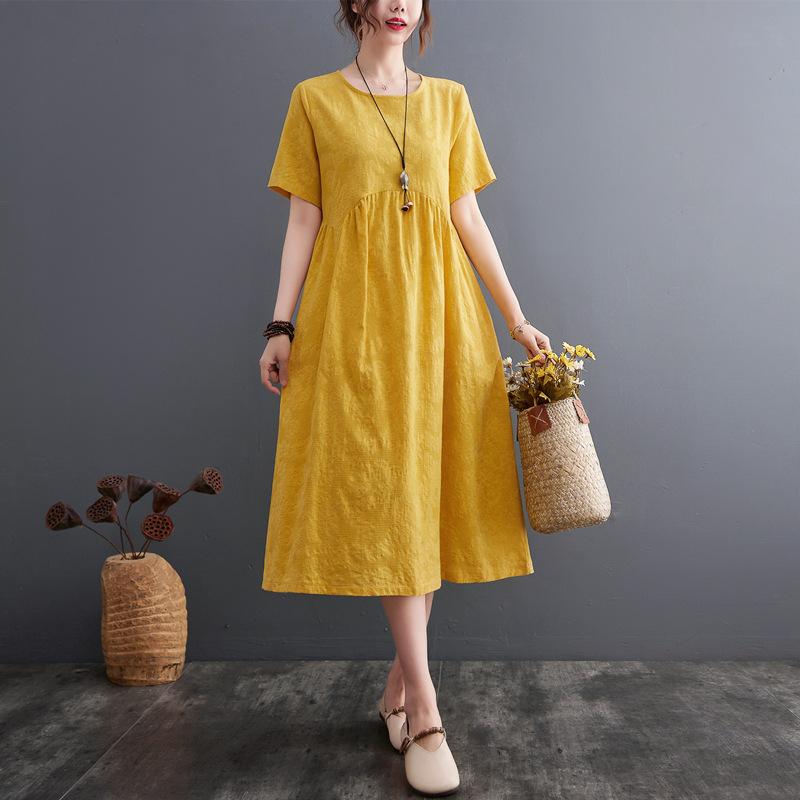 

Летнее жаккардовое платье из хлопка и льна с коротким рукавом для женщин 2XL жёлтый