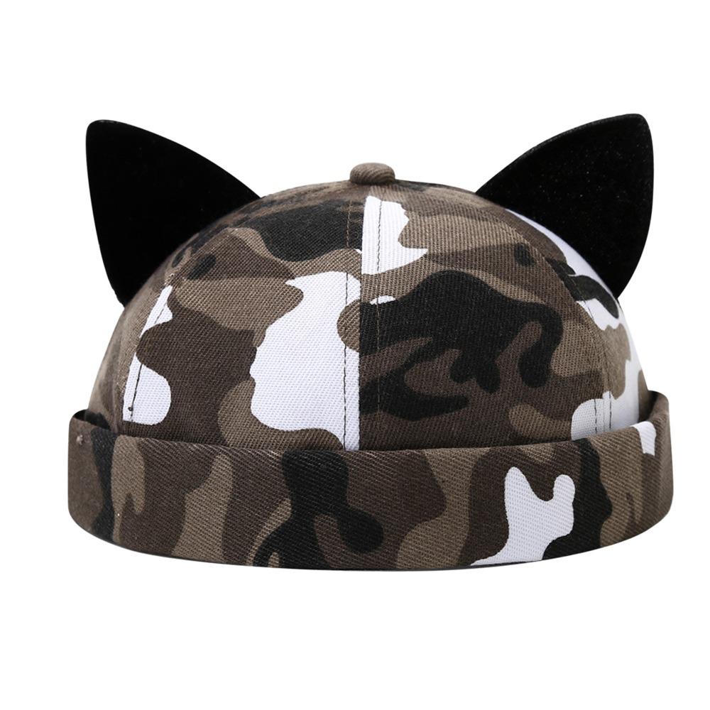 Unique Brimless Skull Cap Adjustable Rolled Cuff Beanie Hat Black Cat Ears Retro Skullcap Outdoor