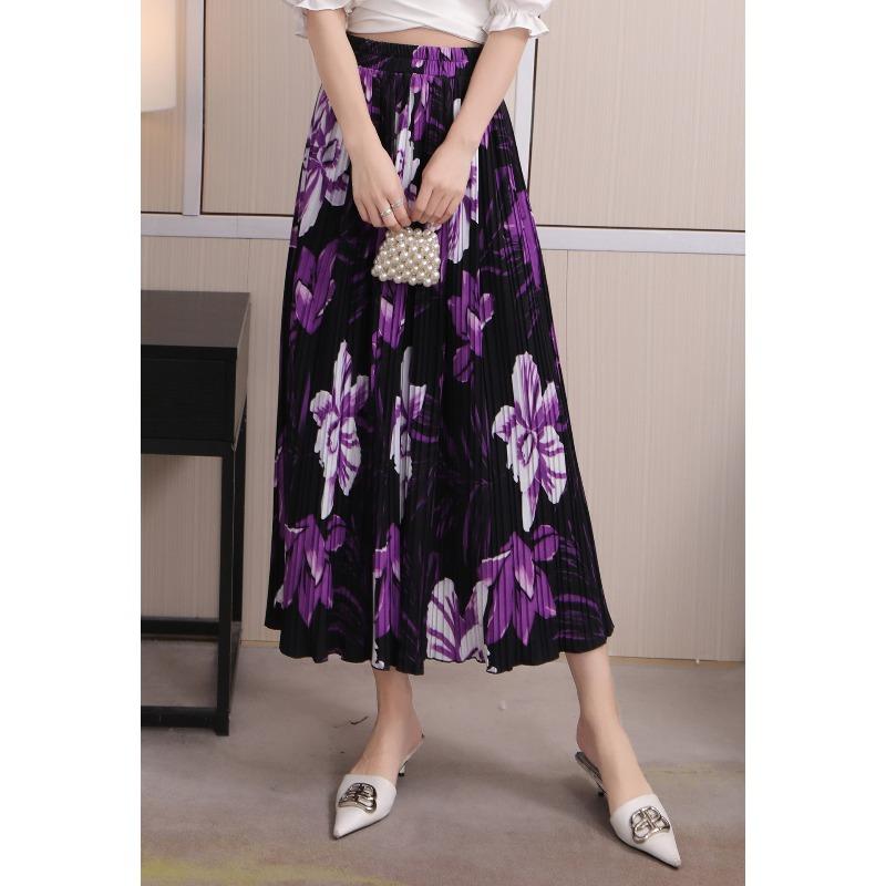 Spring New Fashion Pleated Skirt Digital Printing Long Skirt Elastic Waist Supply Temperament Commuting
