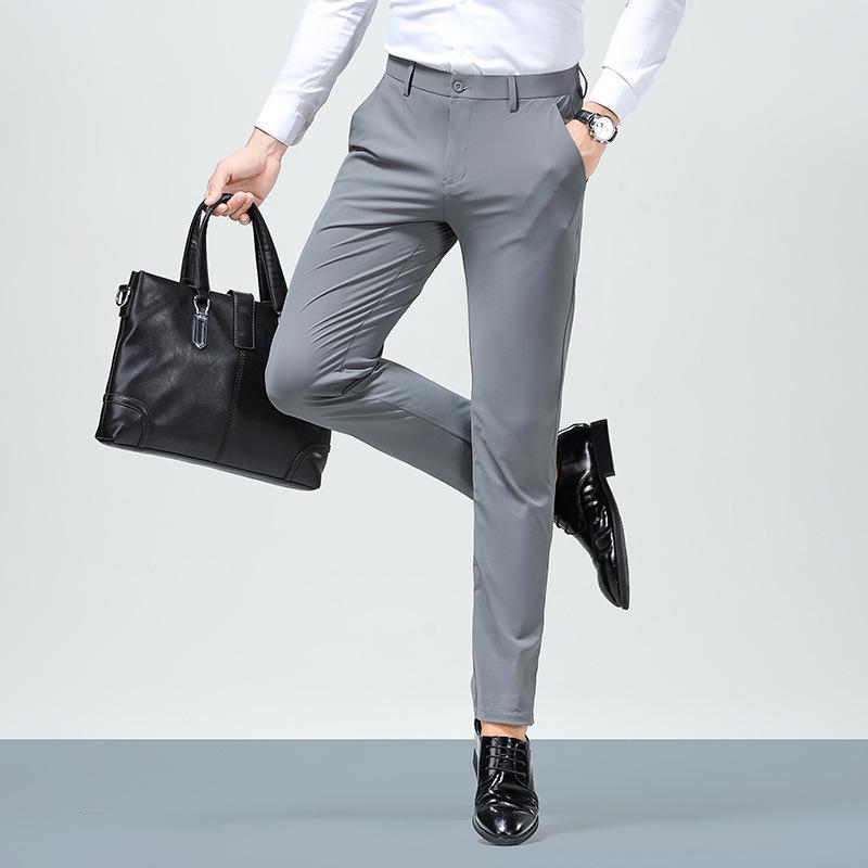 Men's Summer Casual Ice Silk Pants - Lightweight, Straight-Leg, High Elasticity Suit Trousers for Young and Middle-Aged