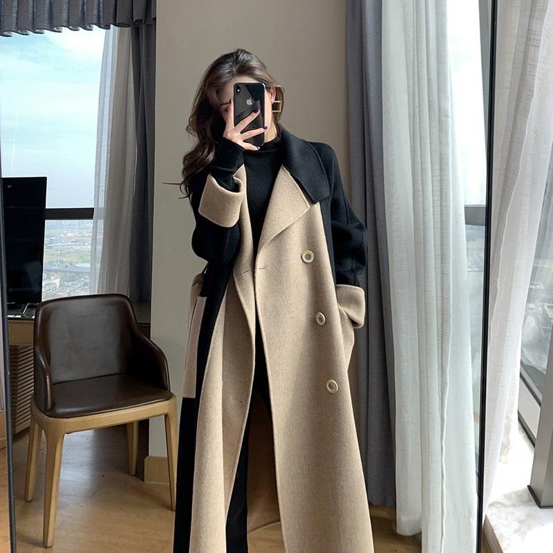 Hepburn Style Long Woolen Coat For Women Color Block Lapel Casual Trench Overcoat L