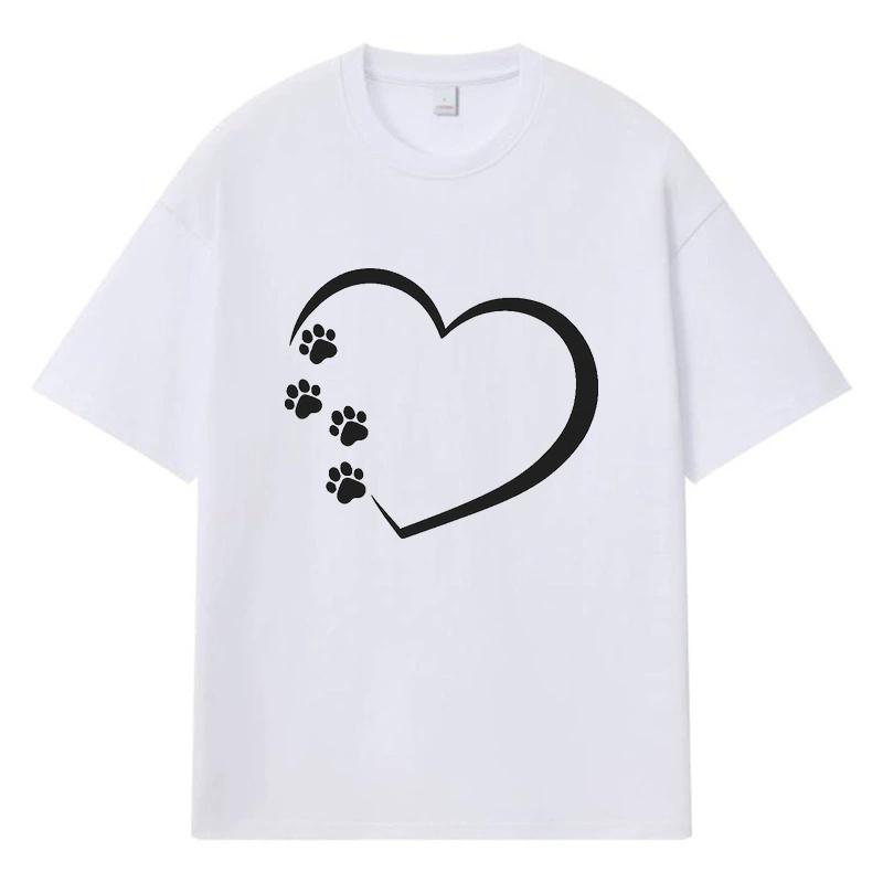 2026 Heart Shape with Paw Prints Printed Graphic Y2k Harajuku Streetwear 100% Cotton T Shirt Casual Oversized Summer Men T-shirt