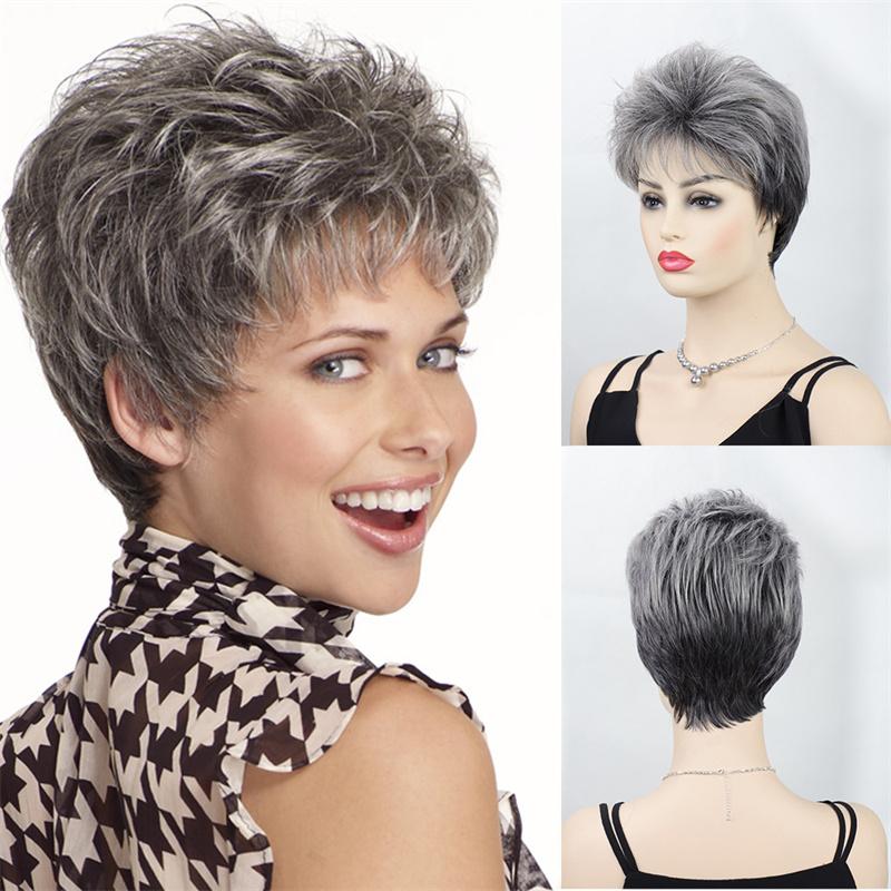 Synthetic Mixed Old Woman Wig Ombre Short Wave Hair Natural Layered Grandmother Wigs with Bangs Cosplay Costume