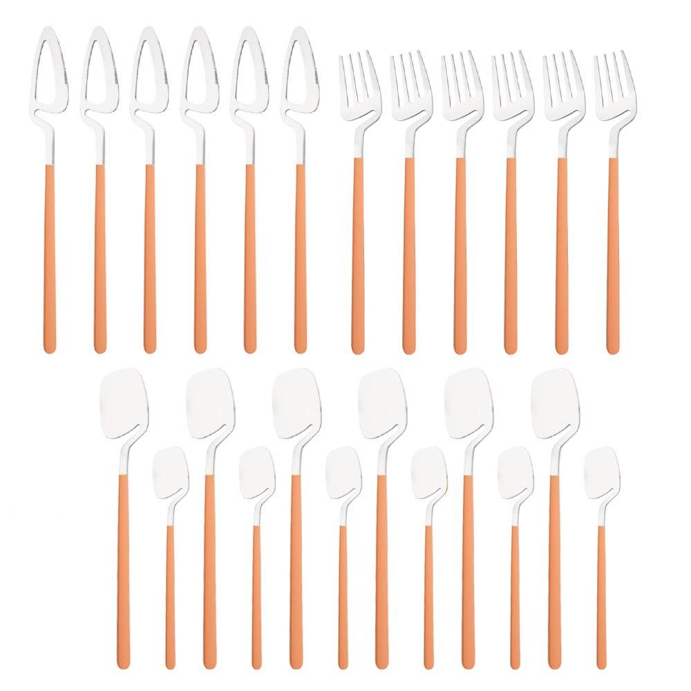 Newest Orange Silver 304 Stainless Steel Dinnerware High Quality 24Pcs Cutlery Set Matte Blue Flatware Knife Fork Spoon Hanging Tableware Set