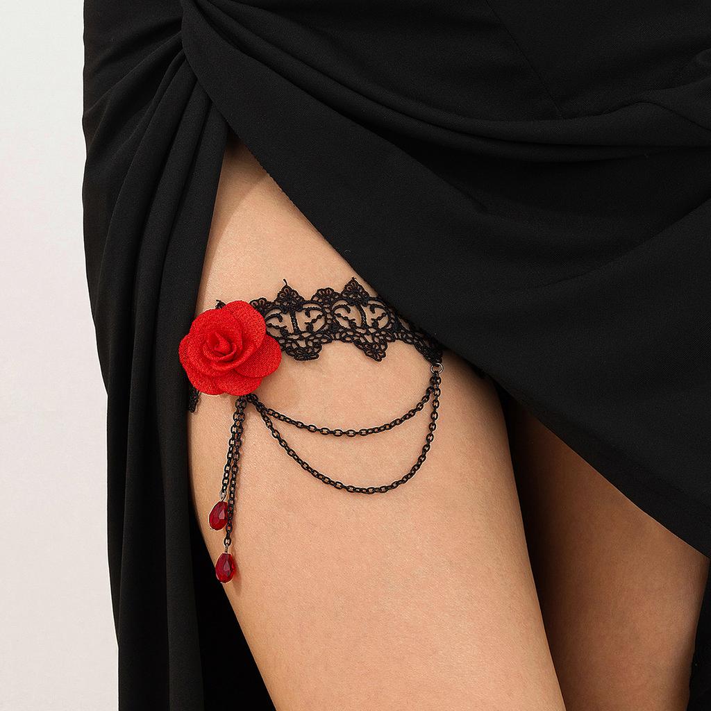 Salircon Sexy Black Lace Elastic Band Thigh Chain For Women Trend Blood Red Crystal Tassel Pendant Rose Leg Chain Body Jewelry