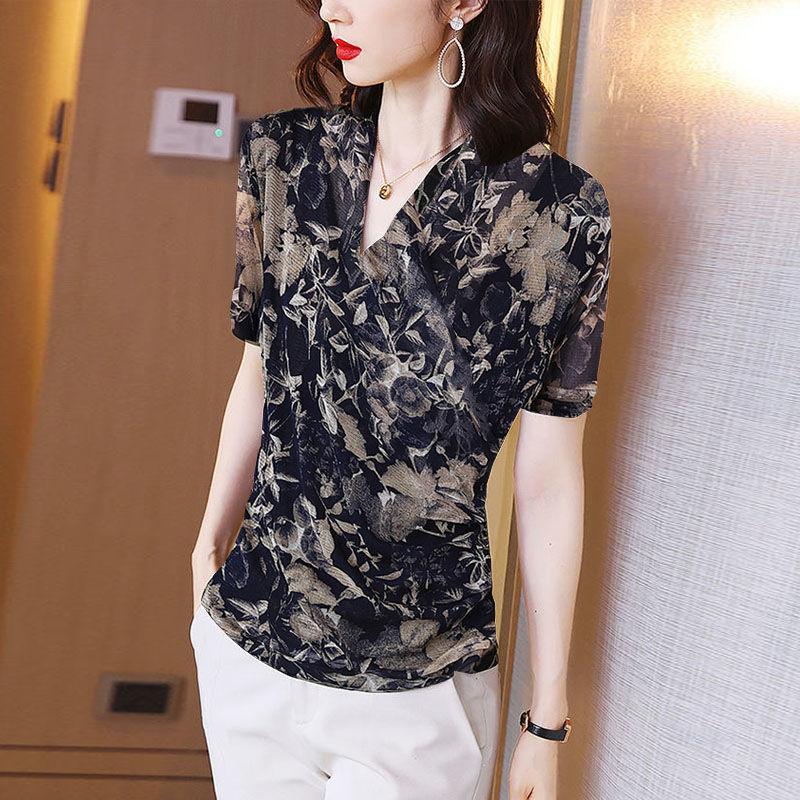 Summer Vintage Floral Printed Shirt Women's Clothing Commute V-Neck Slim All-match Casual Spliced Stylish Short Sleeve Blouse