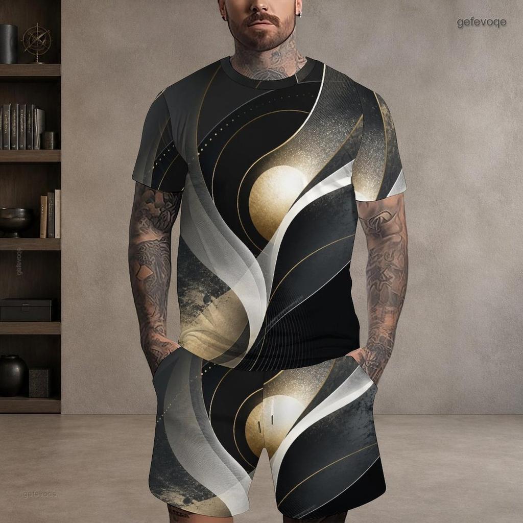 Men Plus Size Colorful Printed Round Neck Short Sleeve T Shirt Drawstring Pocket Shorts Two Piece Set