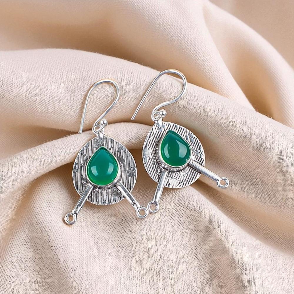 Rare Green Onyx Cab Gemstone 925 Sterling Silver Jewelry Handmade Earrings 1.86" EE-78-20