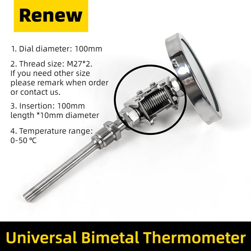 100mm Bimetallic thermometer stainless steel diameter axial pointer boiler pipe roast duck industry thermometer