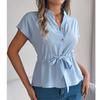 Women's Loose Casual Solid Color Button Drawstring Short Sleeved Shirt Top Short Sleeved Shirt Top