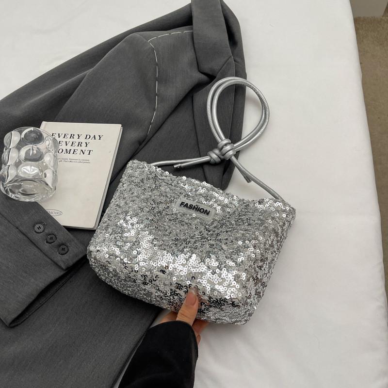 

Chic Black Or Silver Sequin Bucket Bag For Women Stylish Soft Shoulder Tote срібний