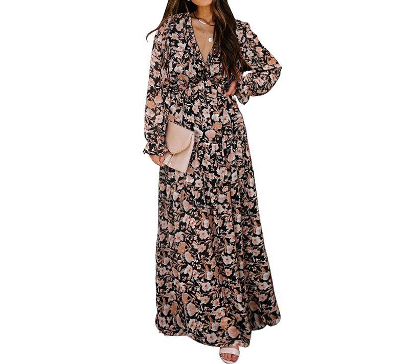 New Long-Sleeve European & American Women's Fashion Print Evening Dress