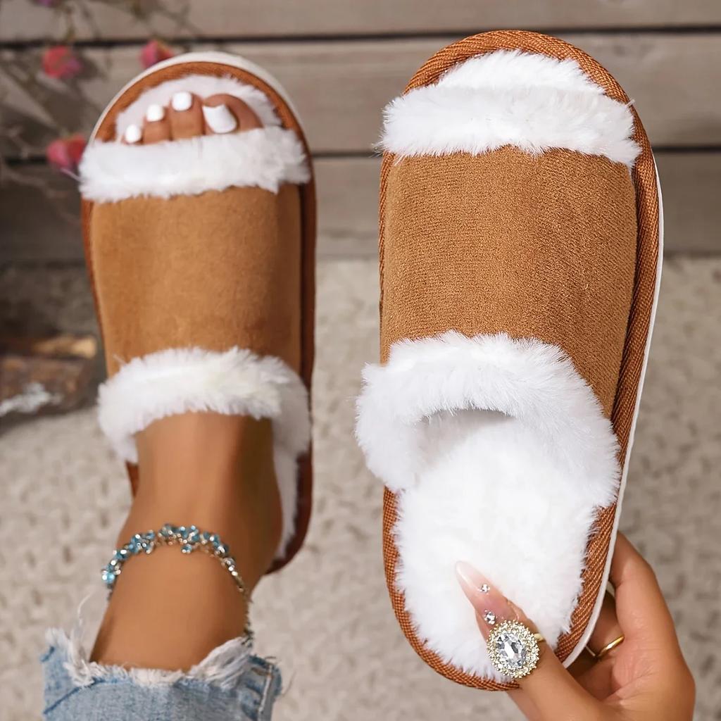 Fashion Woman Street Plush Fuzzy Open-Toe Slippers For Season Fashion Faux Fur Slides Women's Indoor Outdoor Memory Foam Soft Flat Shoes