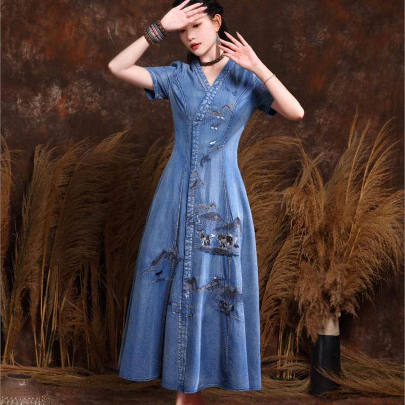 Johnature Léto Ženy Móda Čínský styl Výšivka Kovboj Neformální šaty Vintage šaty s krátkým rukávem a výstřihem do V