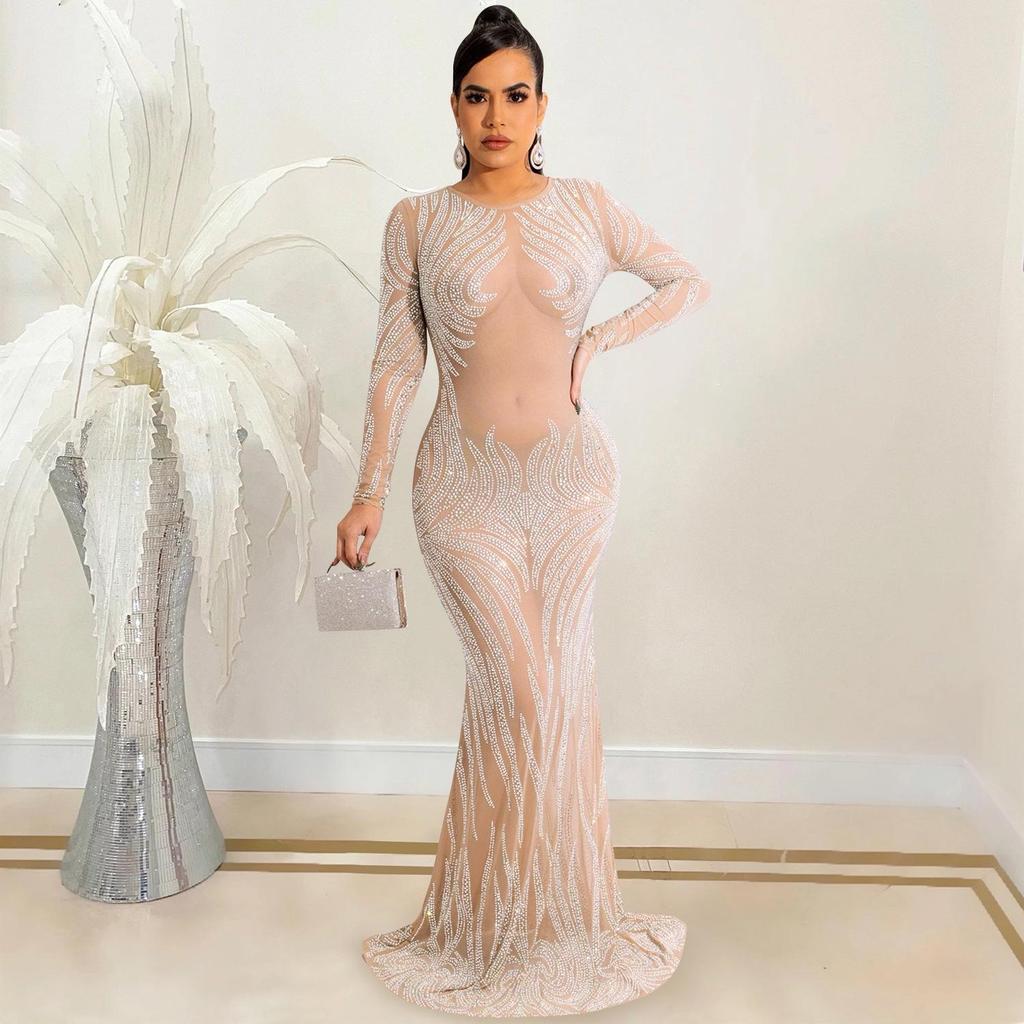 Rhinestone Mesh See-through Long Sleeve Nightclub Dress