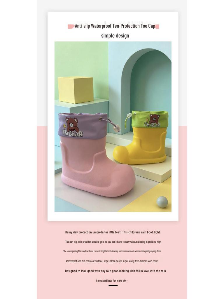 Pink Macaron Bear Pattern Kids' Non-Slip Waterproof Rain Boots - Cute and Soft for Babies and Kindergarteners
