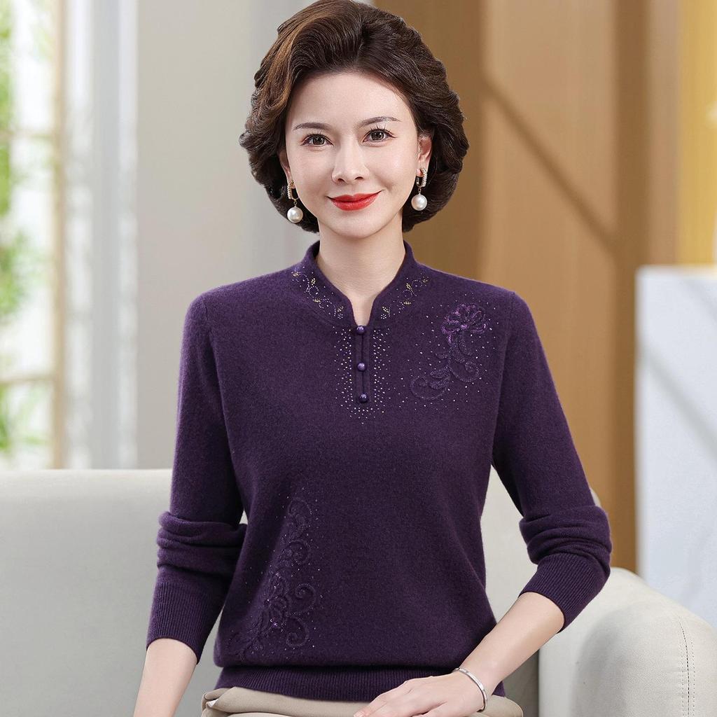 Benmingnian Red Wool Sweater for Middle-Aged Women - Plus Size Autumn/Winter Fashion Pullover