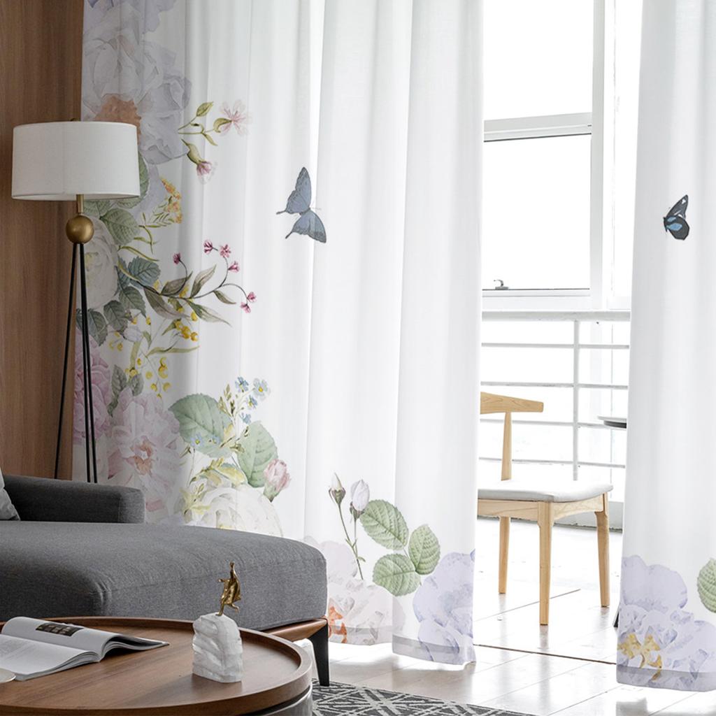 Watercolor Butterfly Flower Plant White Sheer Window Curtain Tulle Curtains for Livingroom Bedroom Hotel Home Decor Voile Drapes