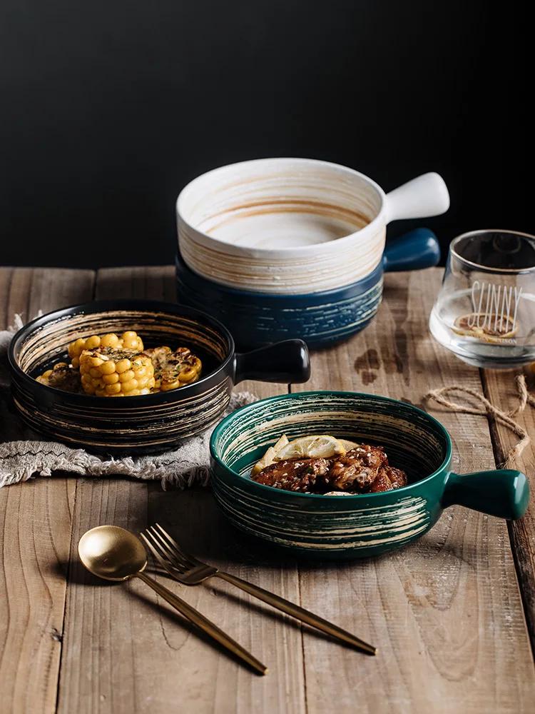 Nordic with handle bowl creative home tableware baking bowl baking bowl ceramic personality oven special baked rice bowl plate
