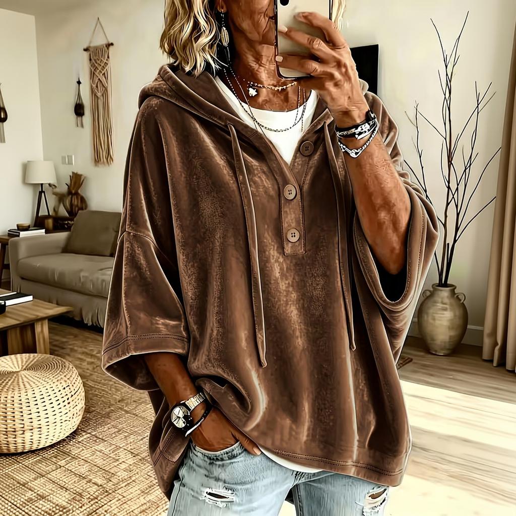 Women's Velvet Hooded Sweatshirt with Drawstring, Loose Fit Sleeve